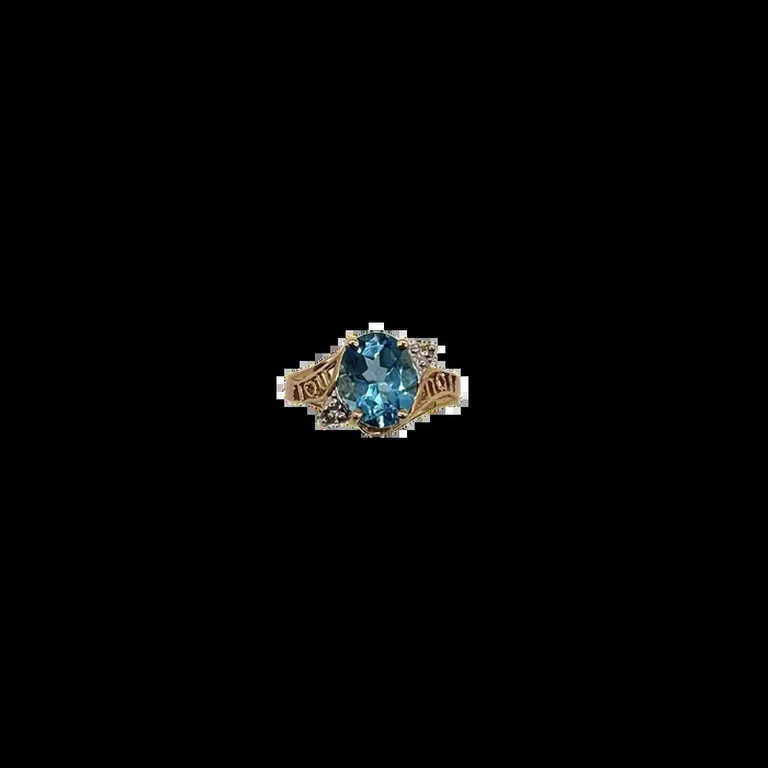 10K Yellow Gold Oval Blue Topaz Diamond Accented Heart Setting Ring