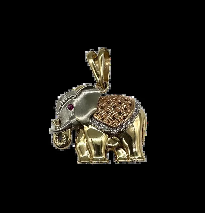 14k Tri-Color Gold Diamond Accent Elephant Pendant with Ruby Eye