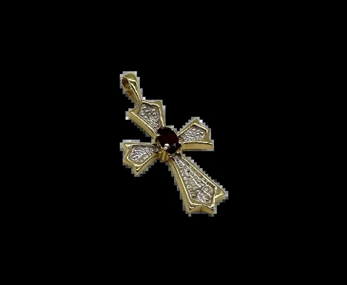 14k Yellow & White Gold Garnet Cross Pendant with Diamond Accents