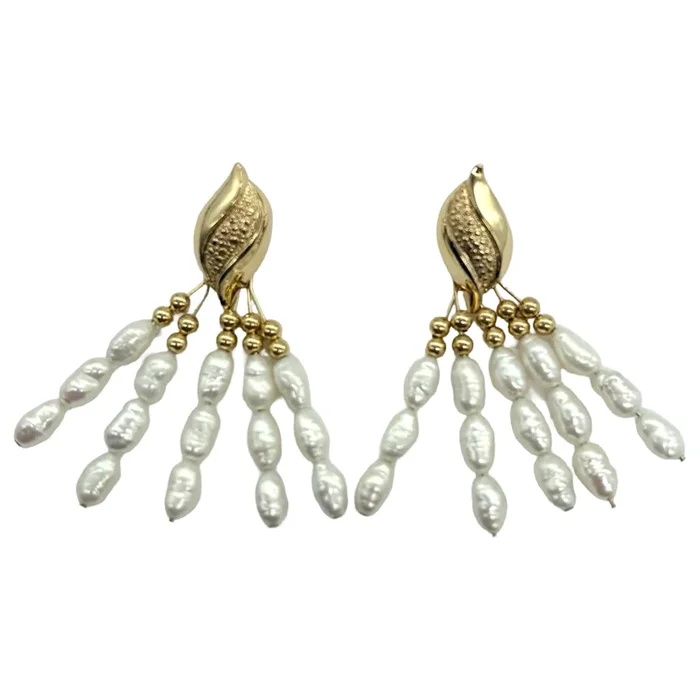 14K Yellow Gold 5-Strand Seed Pearl Dangle Stud Earrings