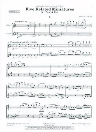 Adler, Samuel: Five Related Miniatures for Two Violins – set of two performance scores