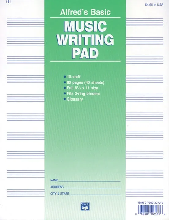 Alfred: 10 Stave Music Writing Manuscript Pad (8 1/2″ x 11″) | Metzler Violins
