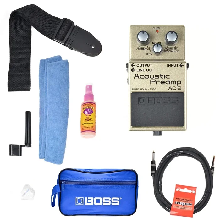 Boss AD-2 Acoustic Preamp Pedal Boss w/ Promo Accessories Bundle
