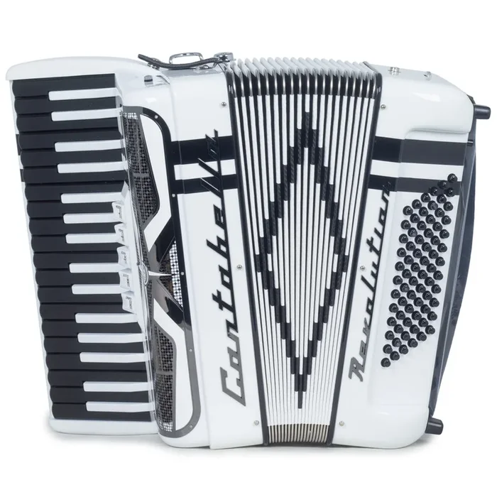 Cantabella Revolution Piano Accordion 5 Switch White with Black Designs