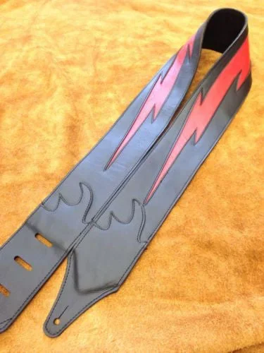 Carlino Custom Red Lightening Bolt Black Leather Guitar Strap