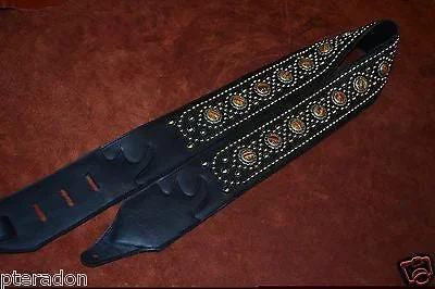 Carlino Exotic Series Tiger Eye Concho Studded Black Leather Guitar Strap