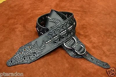 Carlino MetalMan Black Leather Grommet Crocodile ends Guitar Strap, 3.5″ w/lace