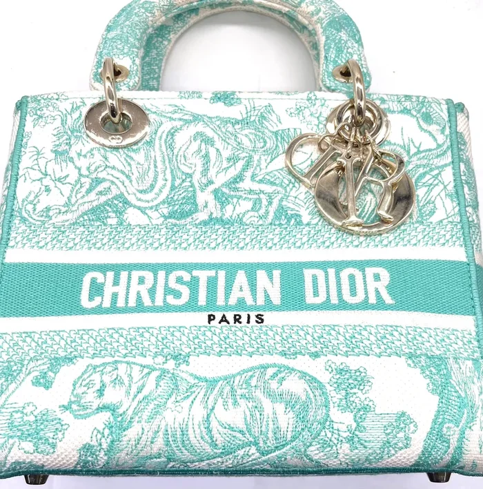 Christian Dior Canvas Toile De Jouy Embroidered Medium Lady D-Lite Aquamarina Handbag with Crossbody Strap