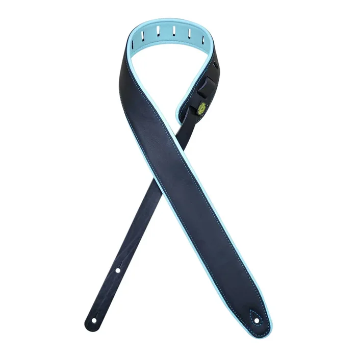 Colonial Leather – 2.5″ Padded Upholstery Leather Guitar Strap – Black & Aqua