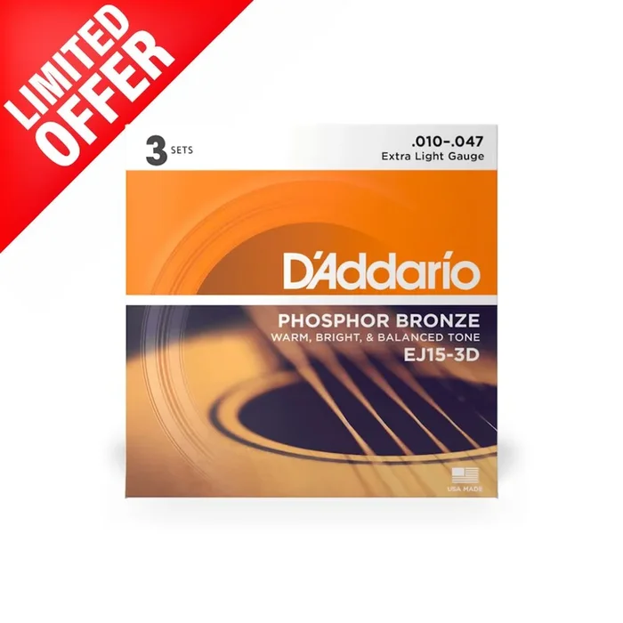 D’Addario – EJ15-3D – 3 Pack Phosphor Bronze Extra Light 10-47 – Acoustic Guitar Strings