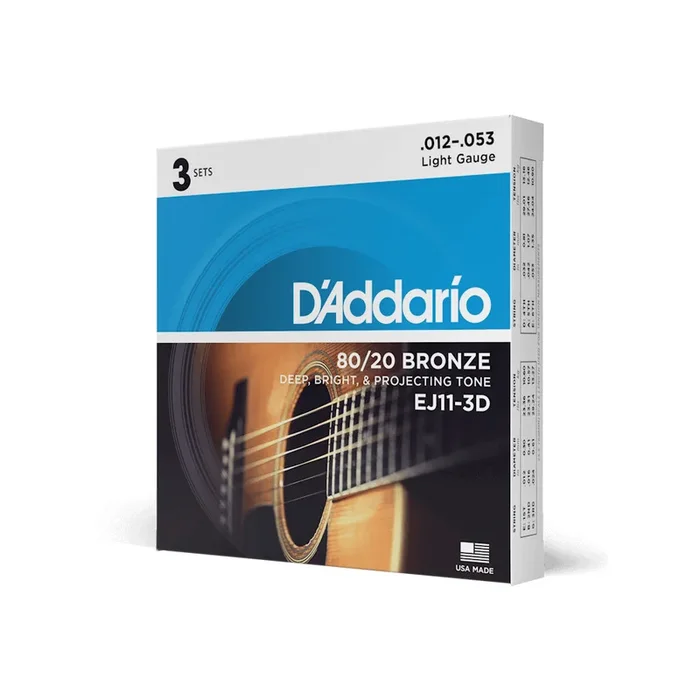 D’Addario EJ11 3 Pack 12-53 Light, 80/20 Bronze Acoustic Guitar String