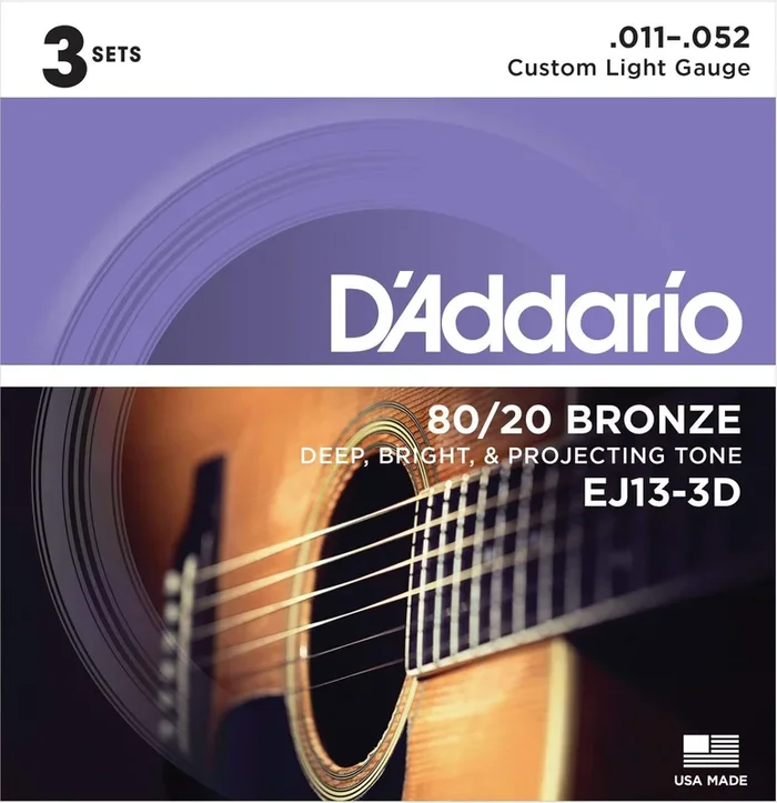 D’Addario EJ13-3D Acoustic Strings 80/20 Bronze 11-52 Custom Light 3-Pack