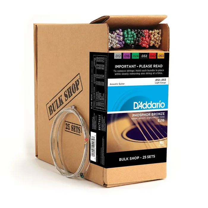 D’Addario EJ16-B25 Phosphor Bronze Acoustic Guitar Strings, Light, 25 Bulk Sets