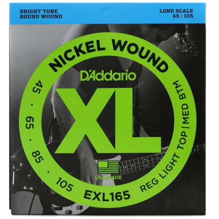 D’Addario EXL165 – Nickel Wound 4-String Bass Guitar Strings – .045-.105 – Regular Light Top/Medium Bottom – Long Scale (1 Pack)