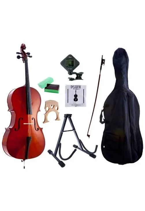 D’Luca Meister Student Cello 1/2 Package with Free Stand, Bag, Strings, Chromatic Tuner, Rosin and Bow