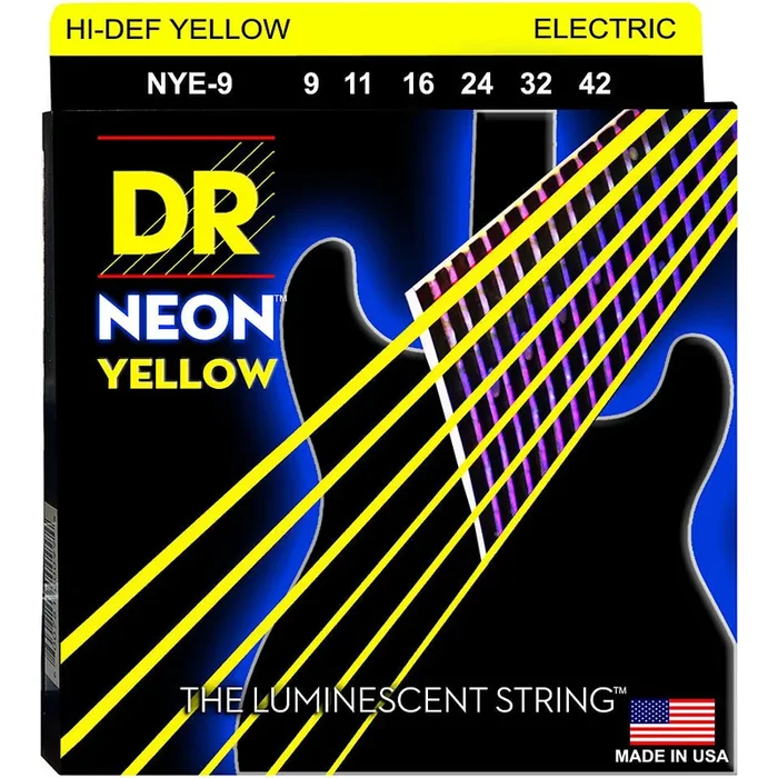 DR – NYE-9 – 6-String Electric Guitar Strings – Hi-Def Yellow Neon (1 Pack)