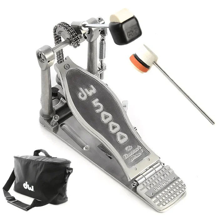 DW 5000 Modern Retro Turbo Single Bass Drum Pedal Bundle w/Bag & Low Boy Lightweight Felt Daddy White/Orange/Black Stripe CDE Logo Beater