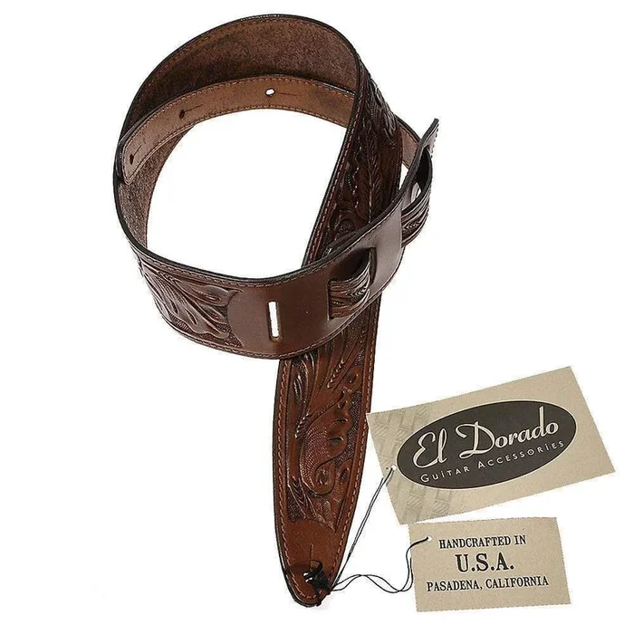 El Dorado Durango Hand-Tooled Wild Rose Leather Guitar Strap 2.5 Inch – Brown