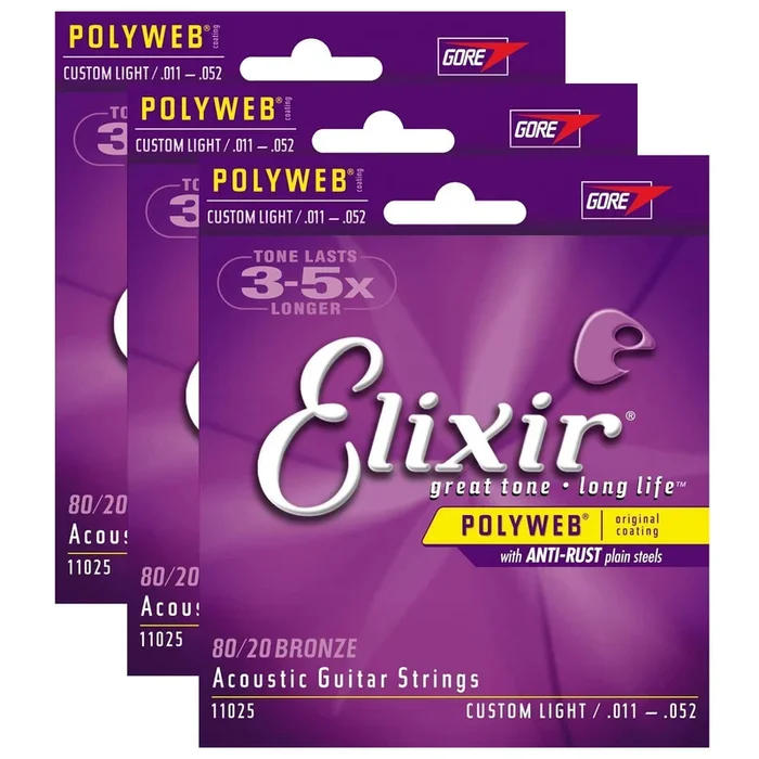 Elixir 11025 Acoustic 80/20 Poly Custom Light 11-52 (3 Pack Bundle)