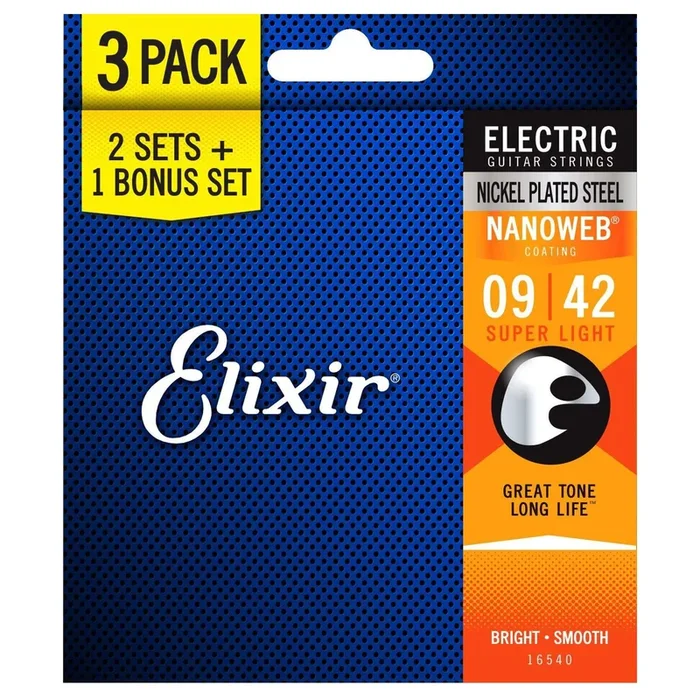 Elixir 16540 Electric Nickel Plated Steel Nanoweb Super Light 9-42 3-Pack