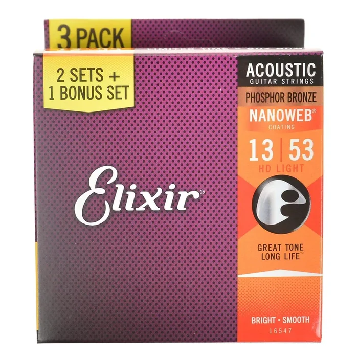 Elixir 16547 Acoustic Phosphor Bronze Nanoweb Guitar Strings HD Light 13-53 3-Pack