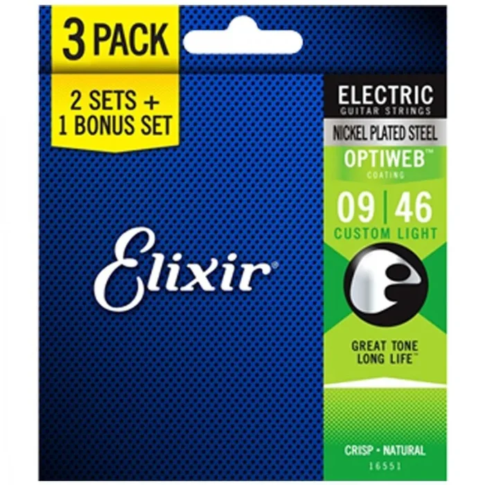 Elixir 16551 Optiweb Coating Electric Guitar Strings Custom Light – Pack Of 3 – 9-46
