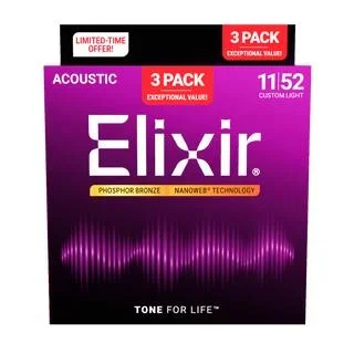 Elixir 16568 Acoustic Phosphor Bronze w/NANOWEB Technology Custom Light 11-52 | 3pk