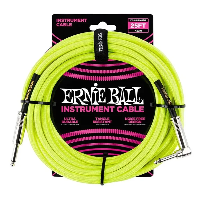 Ernie Ball 25′ Straight/Angle Braided Neon Yellow Cable