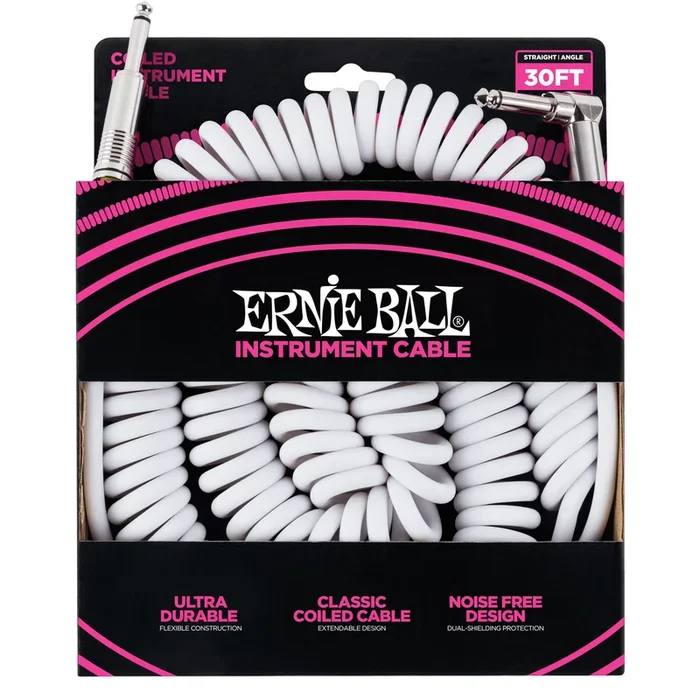 Ernie Ball 30′ Coiled Straight / Angle Instrument Cable – White