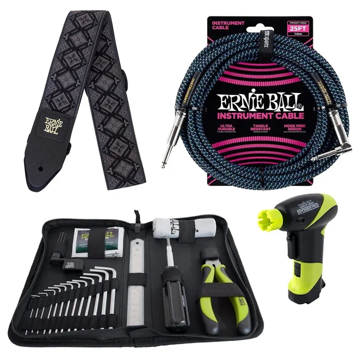 Ernie Ball 4114 Musician’s Tool Kit, Power Peg, Jacquard Strap and Braided Cable Bundle #3