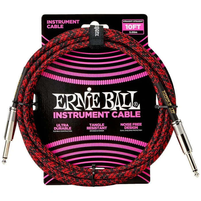 Ernie Ball Braided Instrument Cable Straight/Straight 10ft – Red/Black