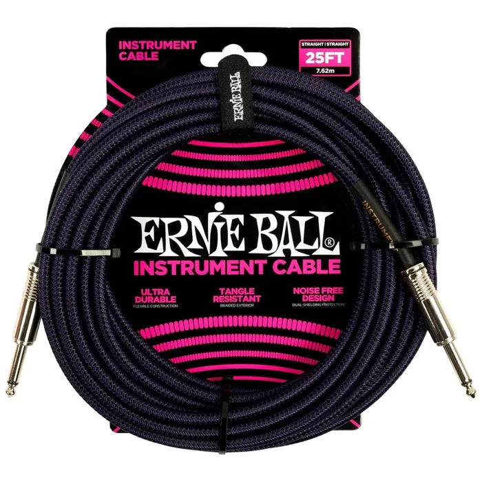 Ernie Ball Braided Instrument Cable Straight/Straight 25ft – Purple/Black