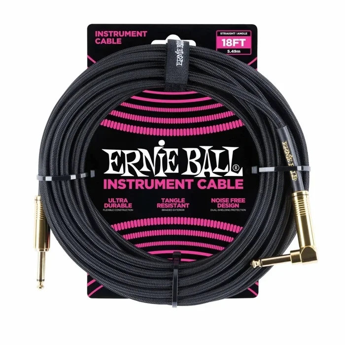 Ernie Ball Braided Straight to Right Angle Instrument Cable 18ft Black