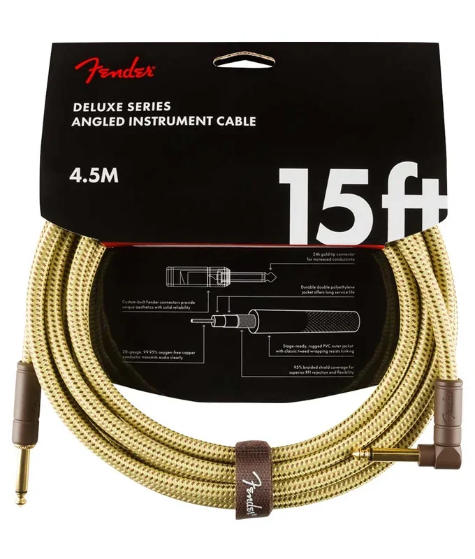 Fender 0990820086 Deluxe Series Instrument Cable, Straight/Angle, 15′ – Tweed