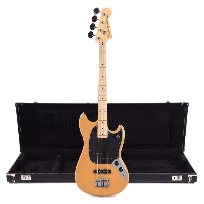 Fender Offset Series Mustang Bass PJ MN Butterscotch Blonde w/3-Ply Black Pickguard Fender Mustang Bass Case Bundle