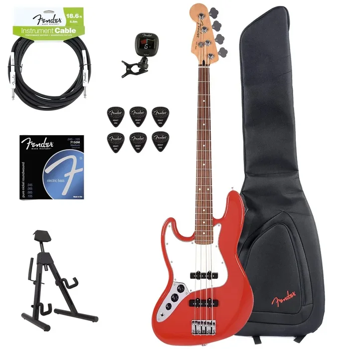 Fender Player Jazz Bass LEFTY Sonic Red Bundle w/Fender Gig Bag, Stand, Cable, Tuner, Picks and Strings