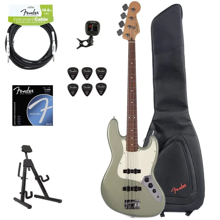 Fender Player Jazz Bass Sage Green Metallic Bundle w/Fender Gig Bag, Stand, Cable, Tuner, Picks and Strings