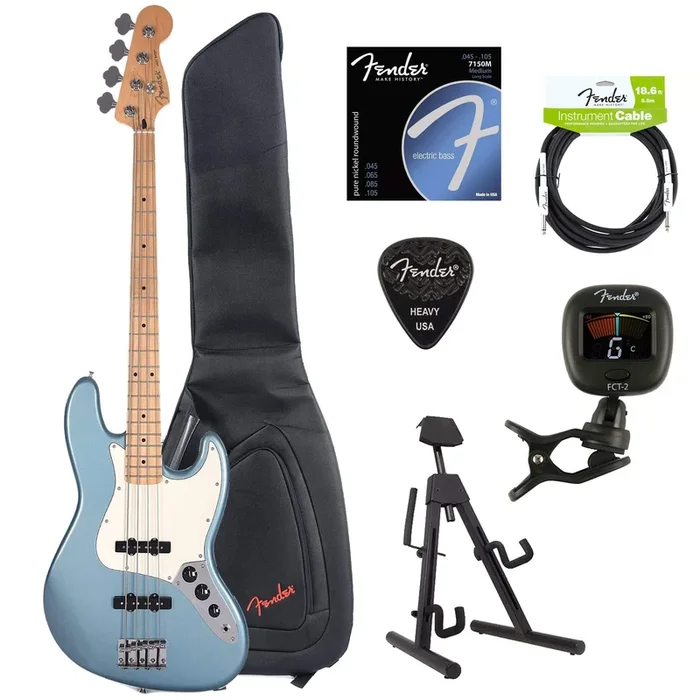 Fender Player Jazz Bass Tidepool Bundle w/Fender Gig Bag, Stand, Cable, Tuner, Picks and Strings