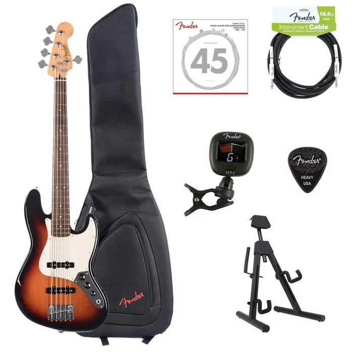 Fender Player Jazz Bass V 5-String 3-Color Sunburst Bundle w/Fender Gig Bag, Stand, Cable, Tuner, Picks and Strings