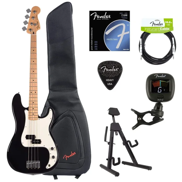 Fender Player Precision Bass Black Bundle w/Fender Gig Bag, Stand, Cable, Tuner, Picks and Strings
