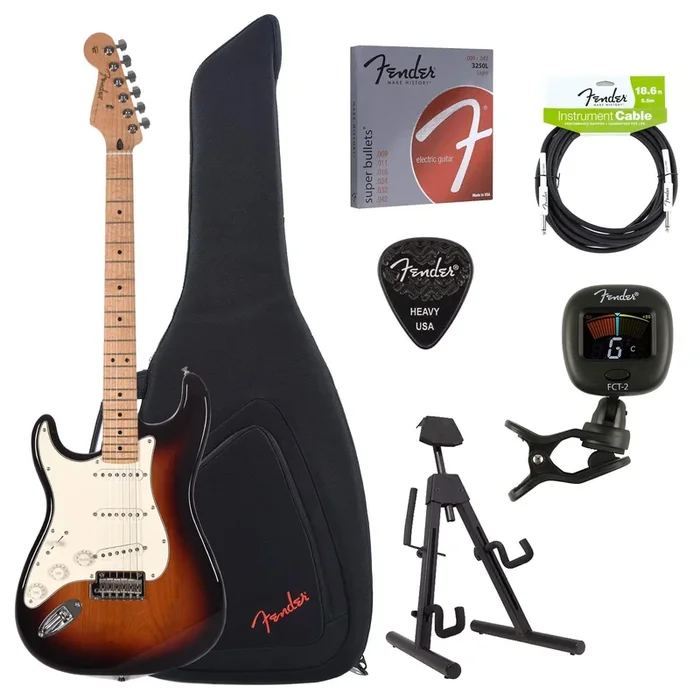 Fender Player Stratocaster LEFTY 3-Color Sunburst Bundle w/Fender Gig Bag, Stand, Cable, Tuner, Picks and Strings