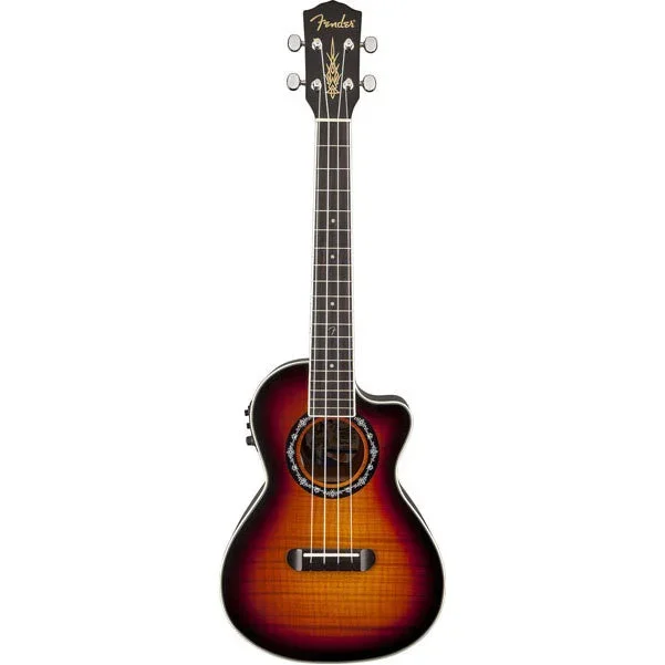 Fender T-Bucket Tenor Ukulele with Flame Maple Top and Rosewood Fingerboard – 3-Color Sunburst