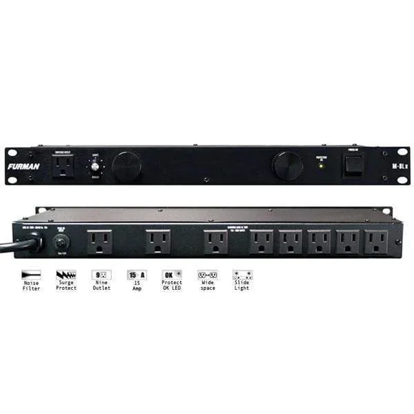 Furman M-8Lx Standard Level Power Conditioning, 15 Amp, 9 Outlets with Wall Wart Spacing, Pullout Lights