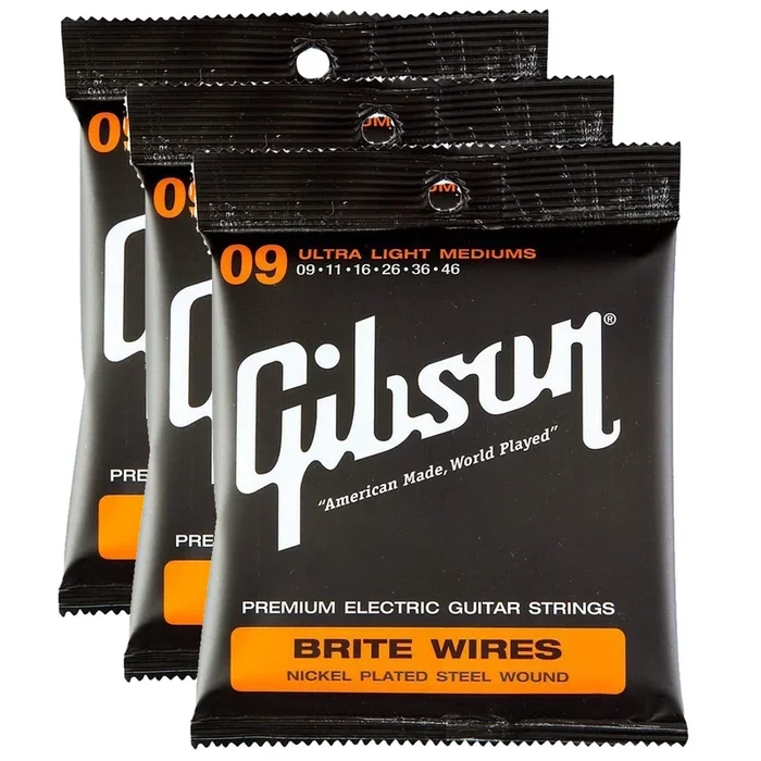 Gibson Gear Brite Wires Electric Guitar Strings Ultra Light Medium Custom 9-46 (3 Pack Bundle)