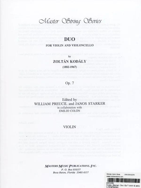 Kodaly (Starker): Duo, Op.7 (violin & cello) Ludwig Masters