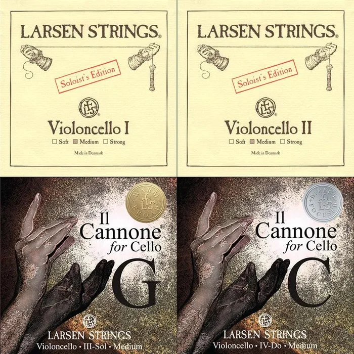 Larsen Solo/Il Cannone Cello Combination String Set 4/4 – Larsen Solo A + D (Med) & Il Cannone G (W&B) & Il Cannone C (D&F)