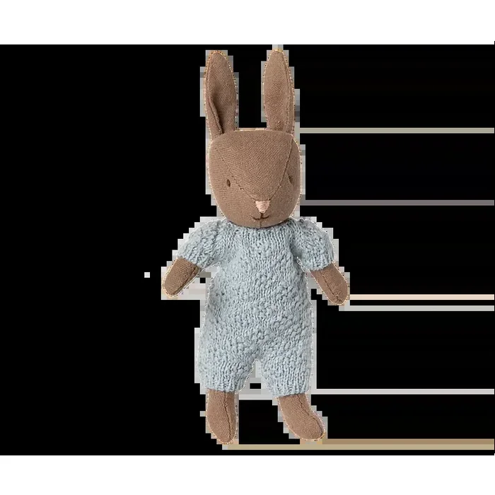 Maileg brown rabbit, micro – blue knitted suit