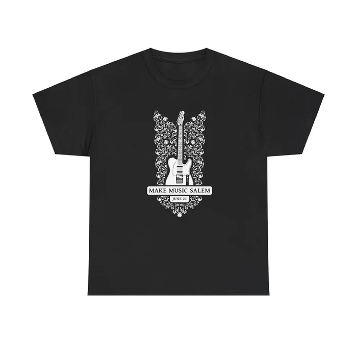 Make Music Day Salem Floral Guitar White Logo T-Shirt