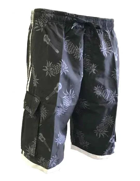 Mens Board Shorts – Black – Ukulele/Pineapple