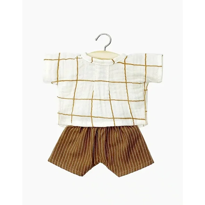 Minikane babies mao top set in Aldo double gauze check and Vito shorts in hazelnut striped cotton